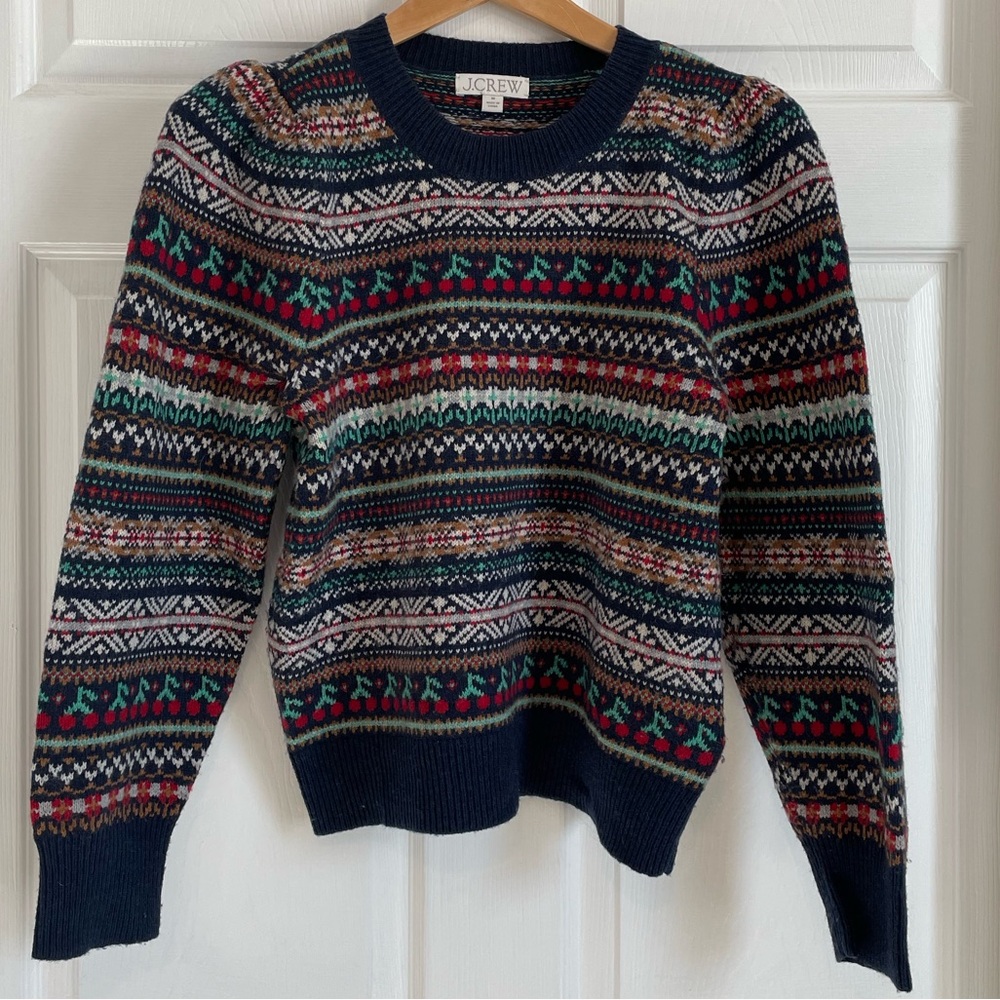 Puff-sleeve Fair Isle crewneck sweater